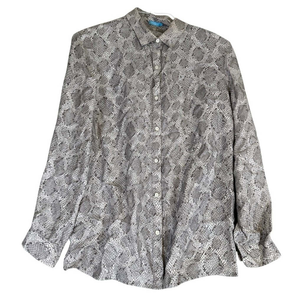 J. McLaughlin Silk Blend Snakeskin Print Button Down Blouse Grey Tan Large